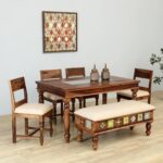 Shubham Handicraft Tile Solid Sheesham Wood 6 Seater Dining Table Set with Cushioned Bench & Chairs | Premium Handcrafted Wooden Dining Furniture
