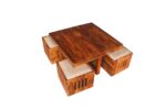 Sheesham Wood Coffee Table with 4 Nesting Wooden Stools - Image 4