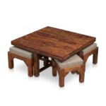 Sheesham Wood Coffee Table with 4 Cushioned Nesting Stools
