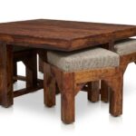 Sheesham Wood Coffee Table with 4 Cushioned Nesting Stools - Image 2
