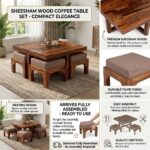 Sheesham Wood Coffee Table with 4 Cushioned Nesting Stools - Image 3