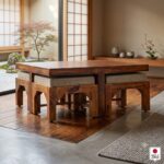 Sheesham Wood Coffee Table with 4 Cushioned Nesting Stools - Image 5