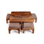 Sheesham Wood Coffee Table with 4 Cushioned Nesting Stools - Image 6