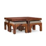 Sheesham Wood Coffee Table with 4 Cushioned Nesting Stools - Image 7