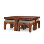 Sheesham Wood Coffee Table with 4 Cushioned Nesting Stools - Image 8