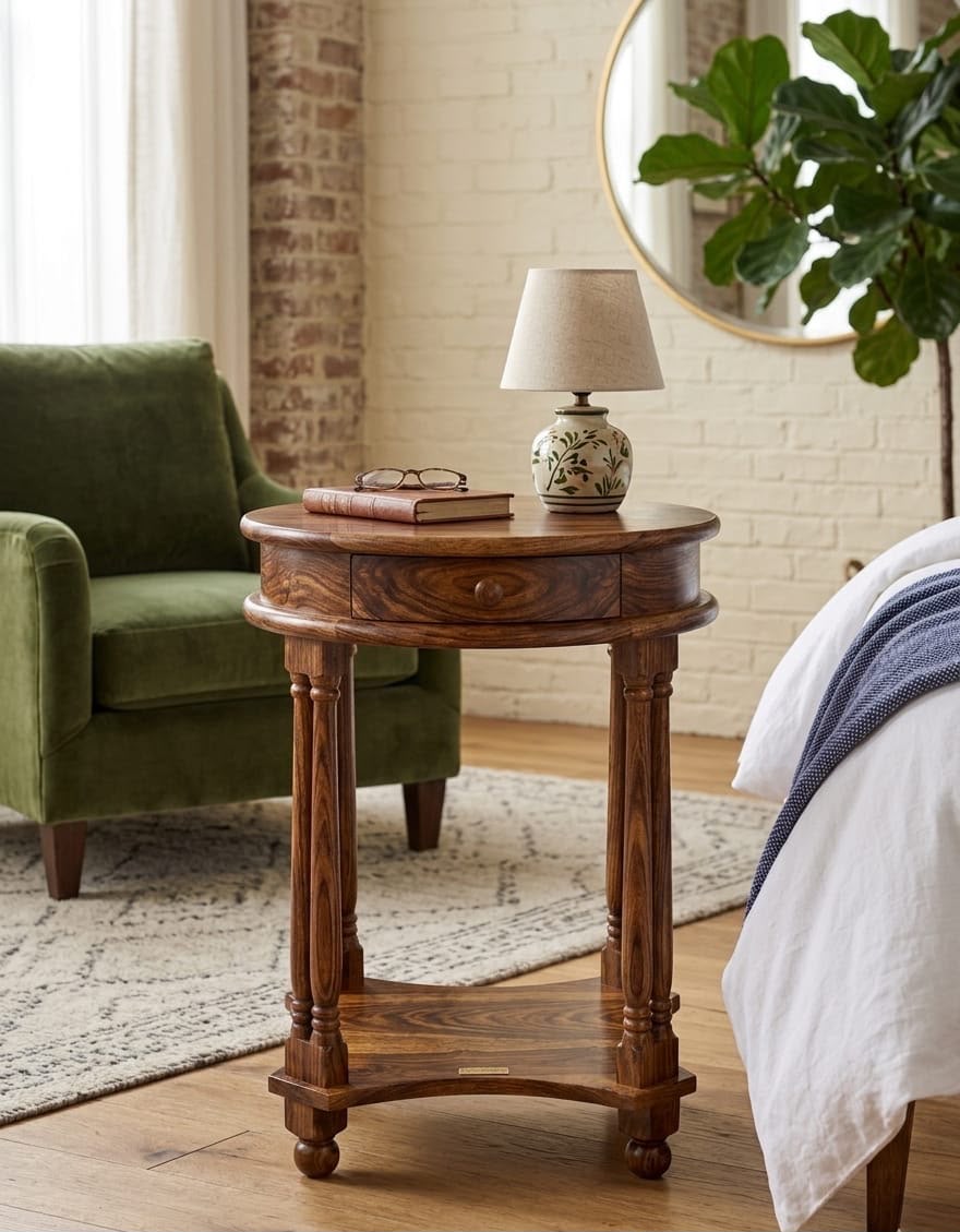 IMG-20260807-WA0067.jpg Sheesham Wood Round Side Table with Turned Legs & Drawer - Image 1