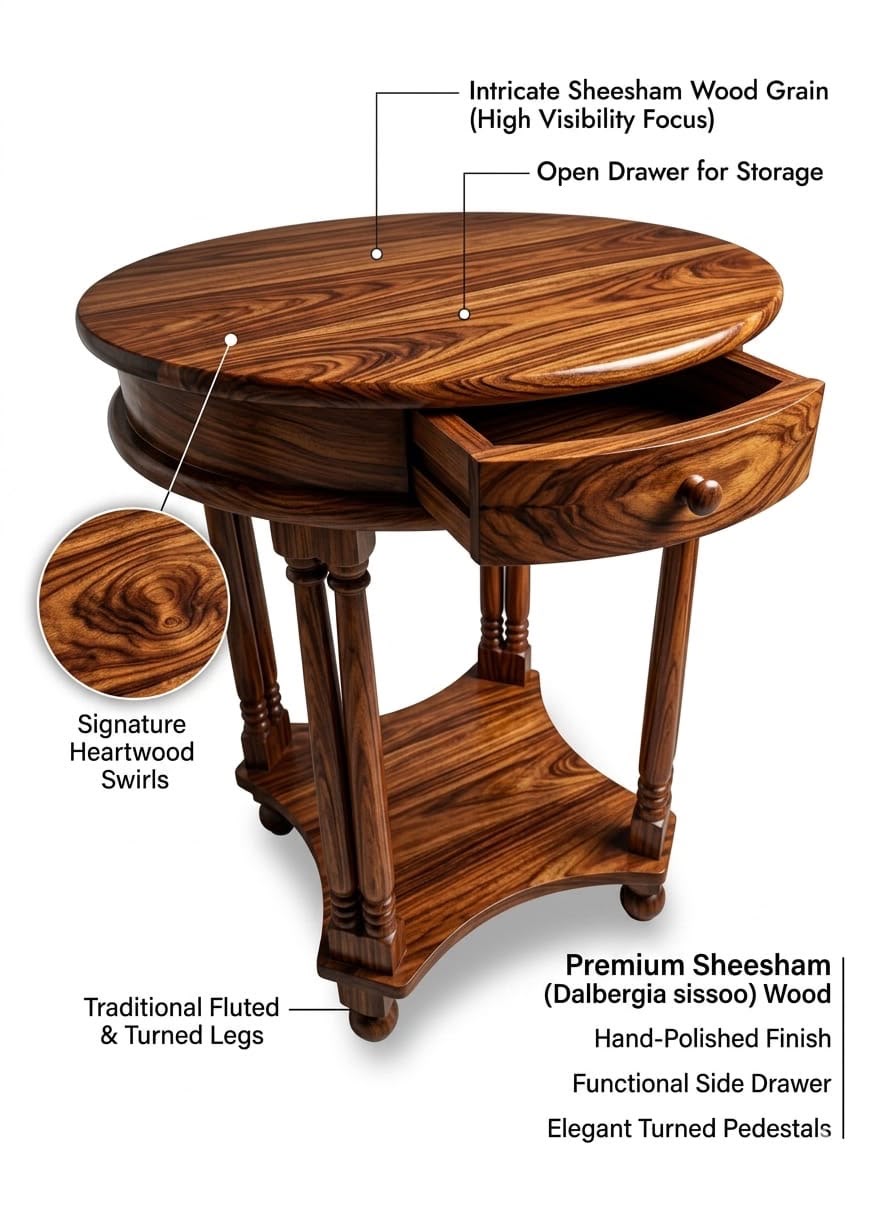 WhatsAppImage2026-08-12at3.57.33PM.jpeg Sheesham Wood Round Telephone Table | Wooden Side Table with Drawer - Image 1