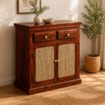 Sheesham Wood Shoe Cabinet with Cane Doors | 2 Drawer Wooden Shoe Rack