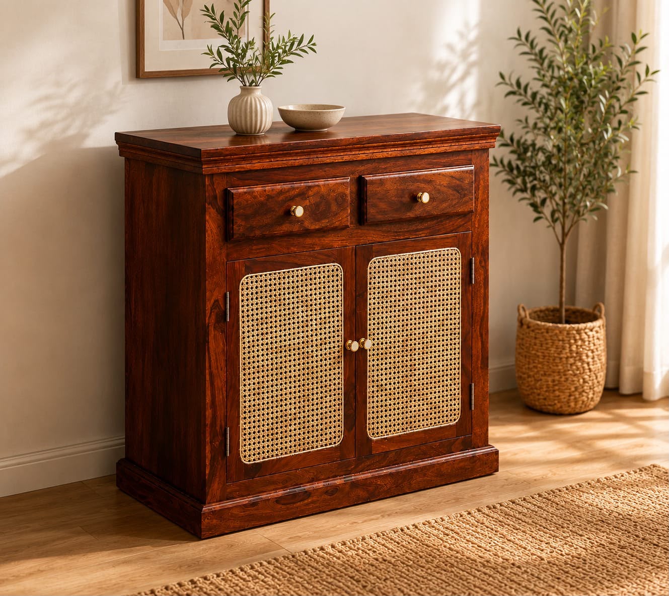 WhatsAppImage2026-08-12at3.39.37PM.jpeg Sheesham Wood Shoe Cabinet with Cane Doors | 2 Drawer Wooden Shoe Rack - Image 1