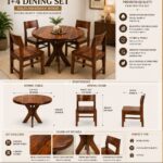 Sheesham Wood Round Dining Table Set with 4 chairs | 4 Seater around Wooden Dining Set - Image 5