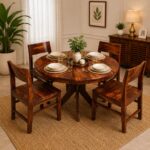 Sheesham Wood Round Dining Table Set with 4 chairs | 4 Seater around Wooden Dining Set - Image 2