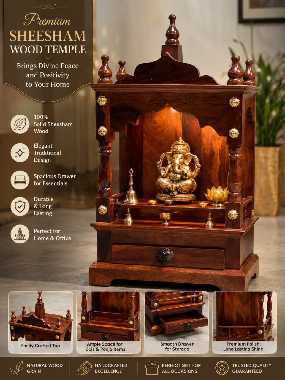 IMG_3327 Sheesham Wood Pooja Mandir | Traditional Wooden Temple With Drawer - Image 1
