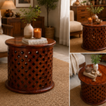 Sheesham Wood Round Cutwork Table | Carved Jali Side Table