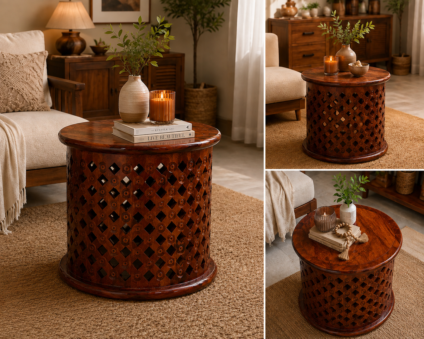IMG_7124 Sheesham Wood Round Cutwork Table | Carved Jali Side Table - Image 1