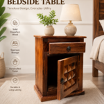 Solid Sheesham Wood Bedside Table with Drawer & Cabinet - Image 3