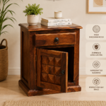 Solid Sheesham Wood Bedside Table with Drawer & Cabinet - Image 6