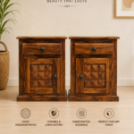 Solid Sheesham Wood Bedside Table with Drawer & Cabinet - Image 7