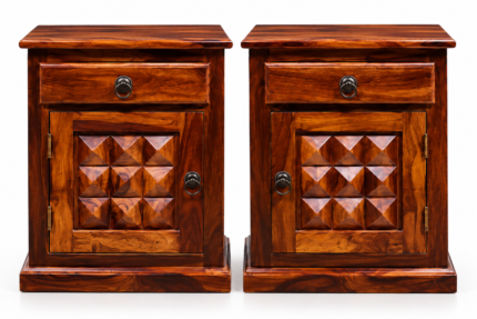 Solid Sheesham Wood Bedside Table with Drawer & Cabinet (Set of 2)